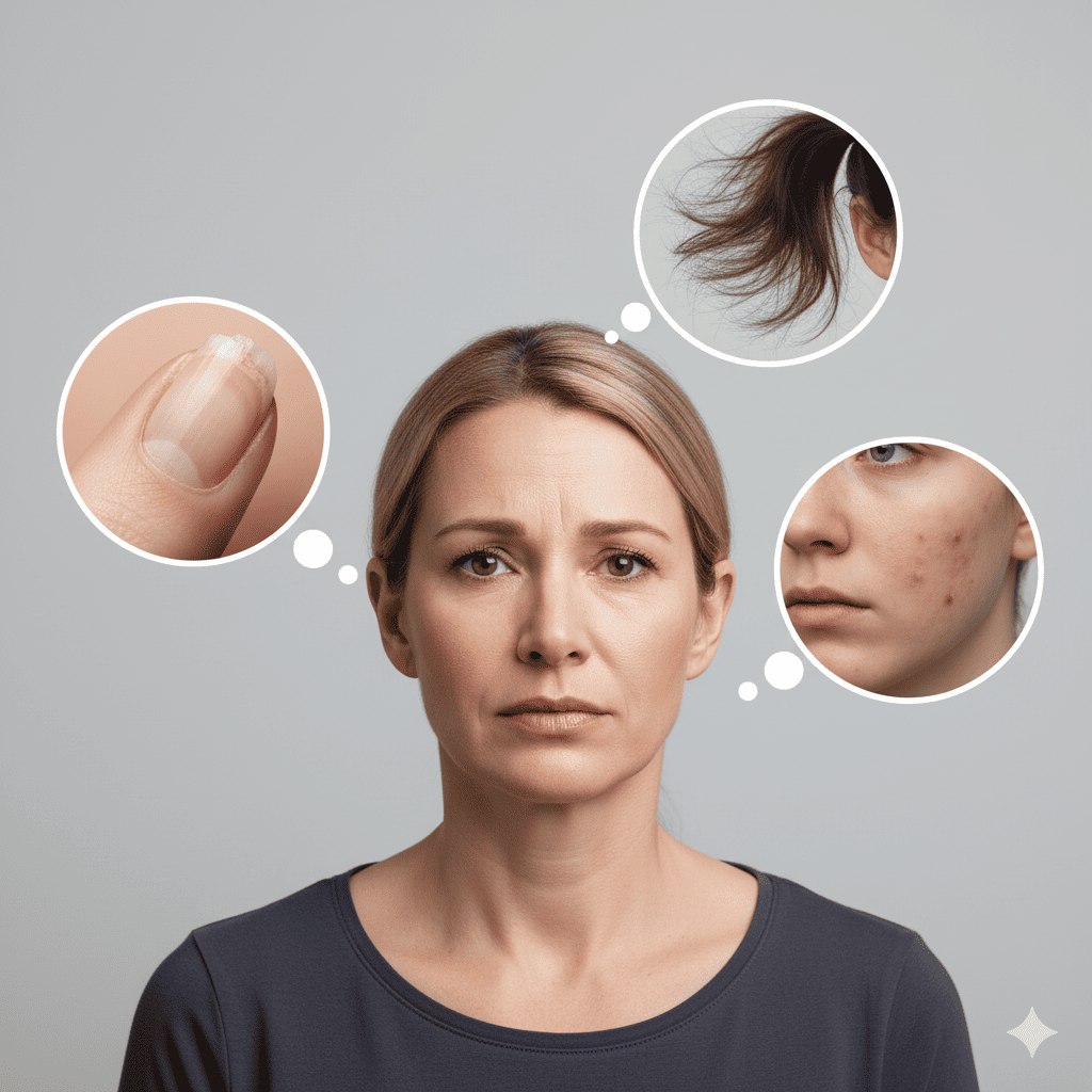 Mulher loira de meia-idade com expressão preocupada, pensando em problemas estéticos comuns: unhas quebradiças, cabelos secos e danificados, e acne/manchas na pele. A imagem ilustra as frustrações femininas com a saúde da pele, unhas e cabelos, e busca soluções eficazes para melhorar a autoestima e o bem-estar.